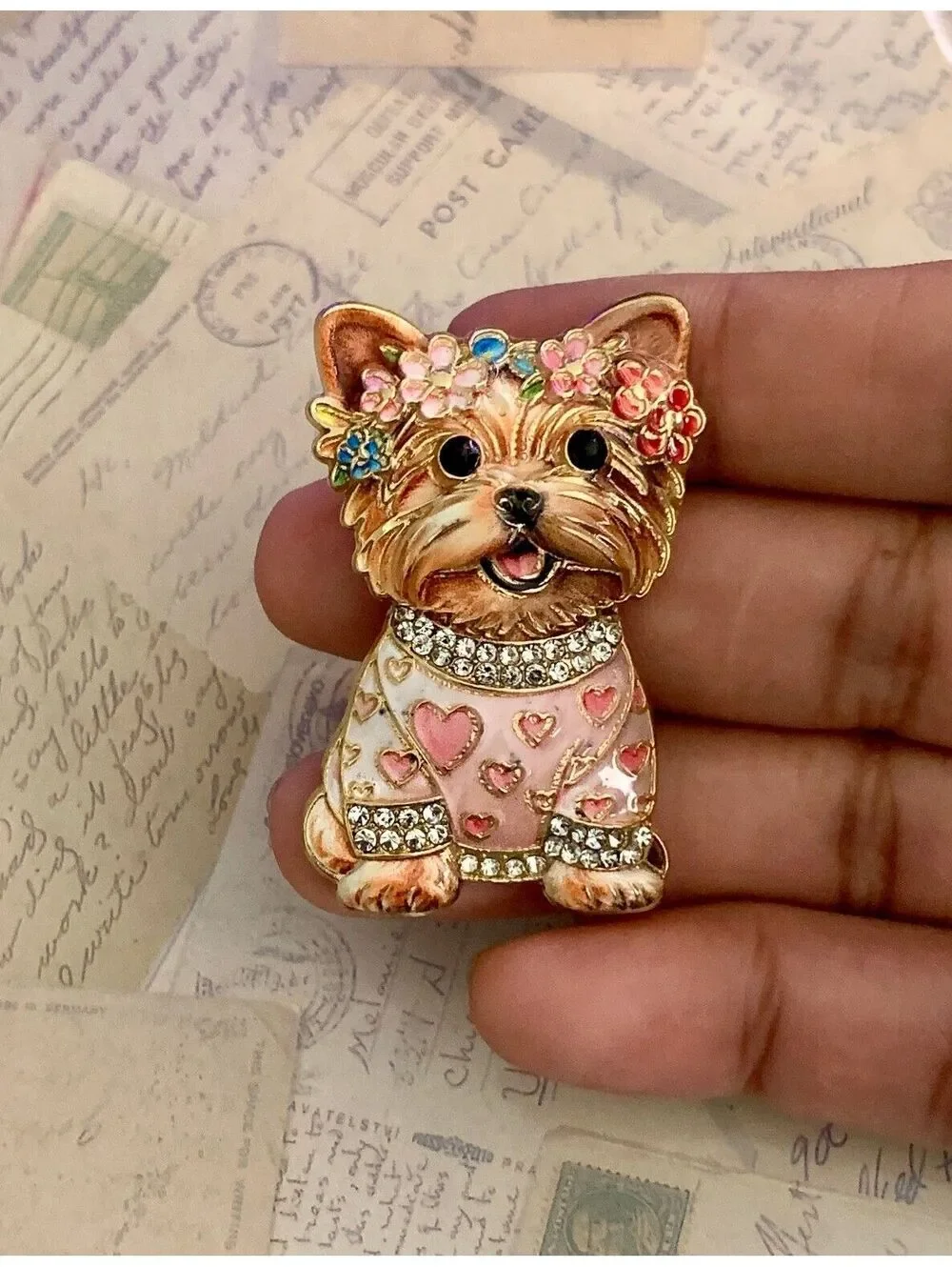 Charming Yorkie Dog Brooch with Sparkly Rhinestones & Floral Crown